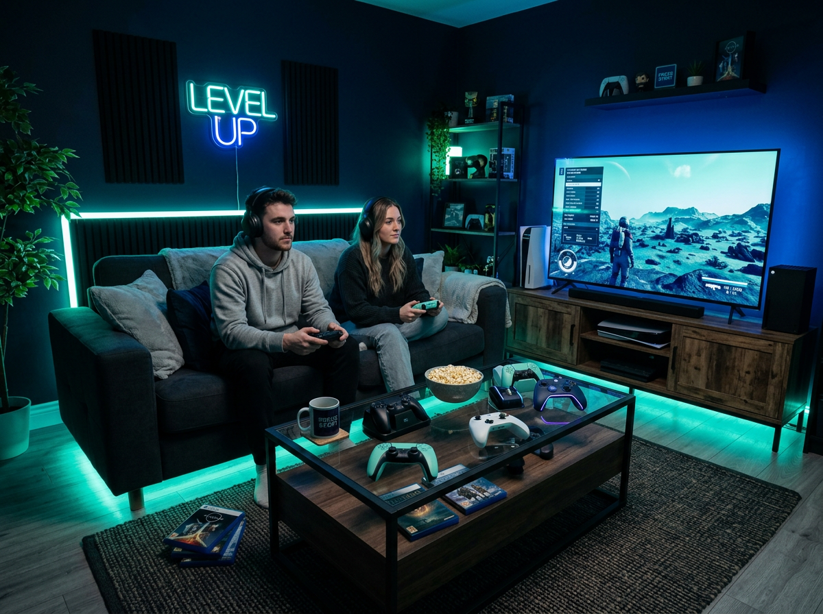 A social gaming lounge area with couch seating and controllers