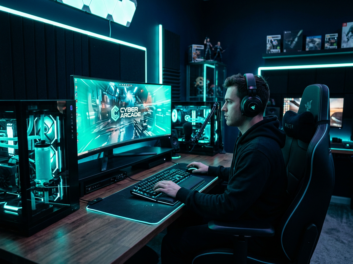 A dedicated solo gaming station with chair and monitor in ambient lighting