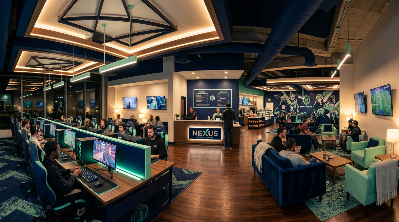 Wide view of a proposed gaming venue layout with lounge seating and gaming stations